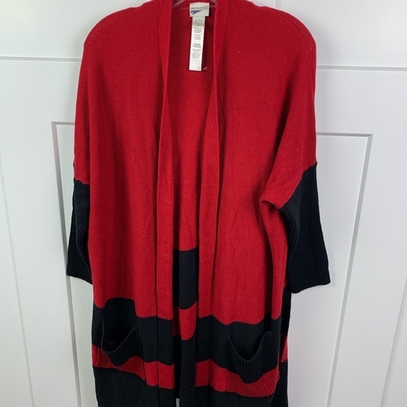 Chicos Small Medium Oversized Sweater Cardigan Knee Length Red Black Pockets - Picture 2 of 9